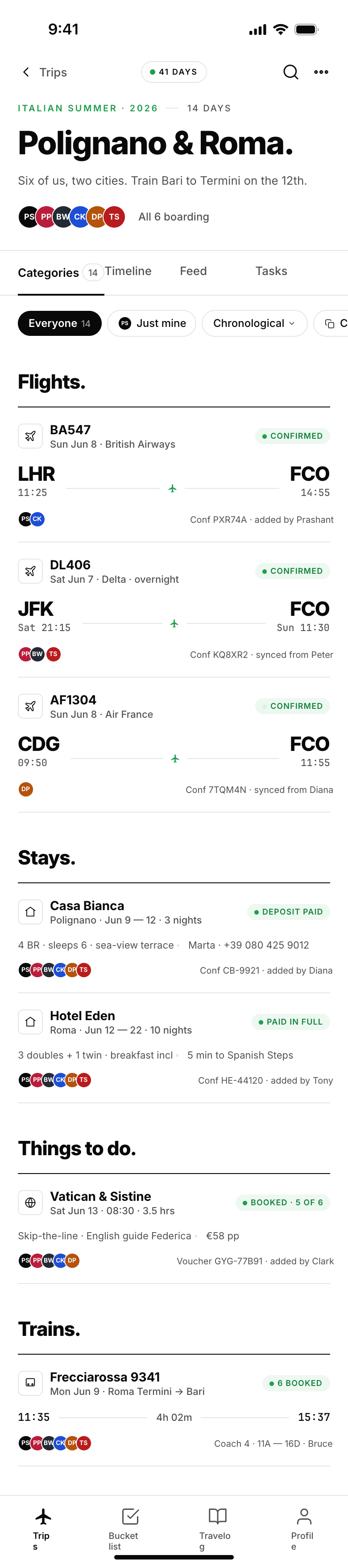TripMaster Categories listing flights, stays, things to do, and trains for an Italian summer trip